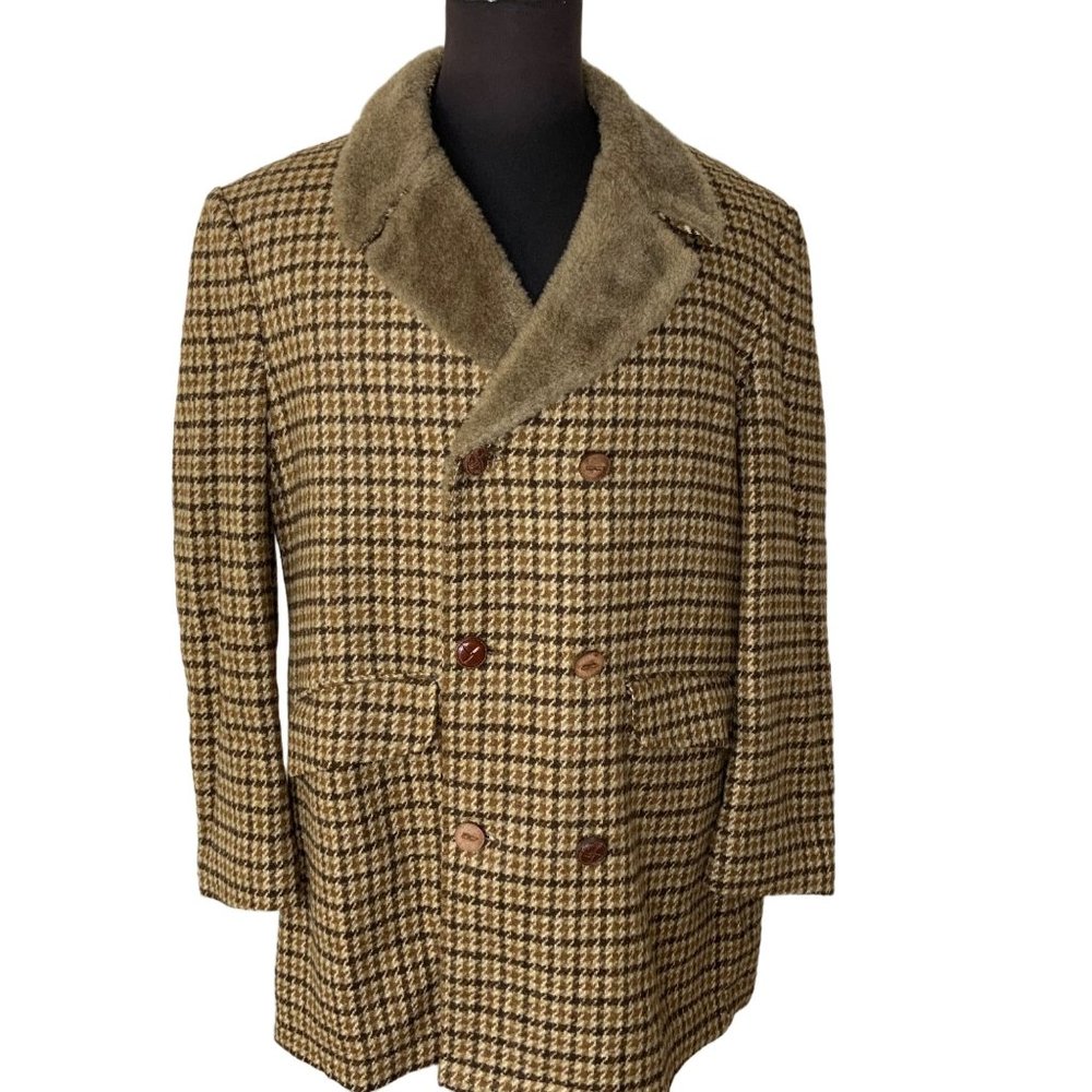 Cresco Vintage Men Heavy Wool Check Car Coat Russet Brown Gold Tan Faux Pile 44